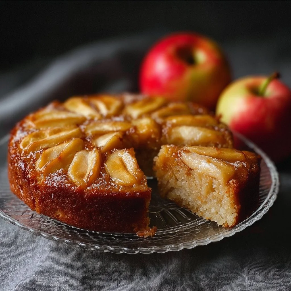 Delicious 3 ingredient apple cake on a wooden table with fresh apples nearby.