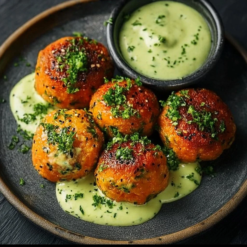 Baked salmon balls served with avocado sauce on a plate