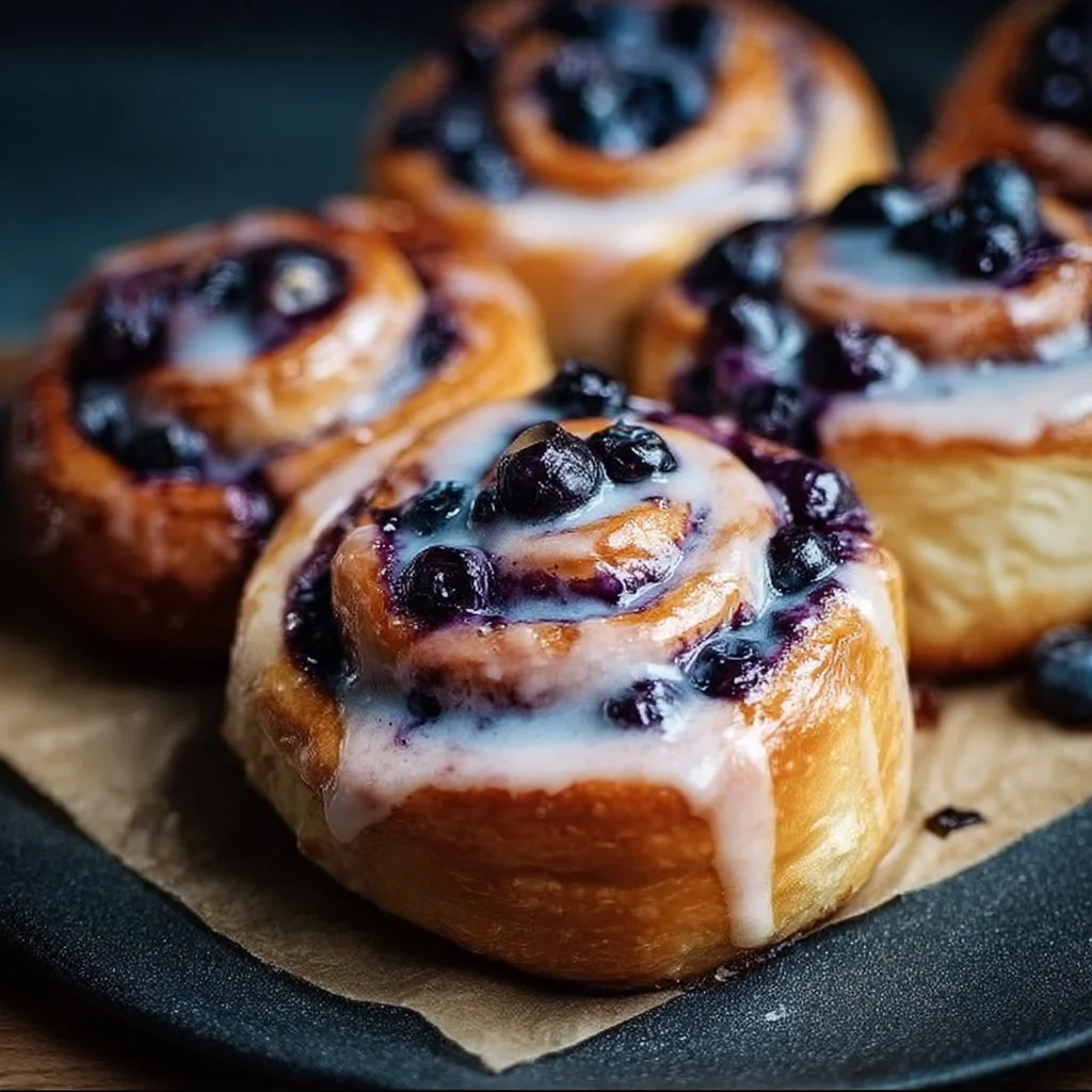 Delicious blueberry cinnamon rolls topped with icing and fresh blueberries.