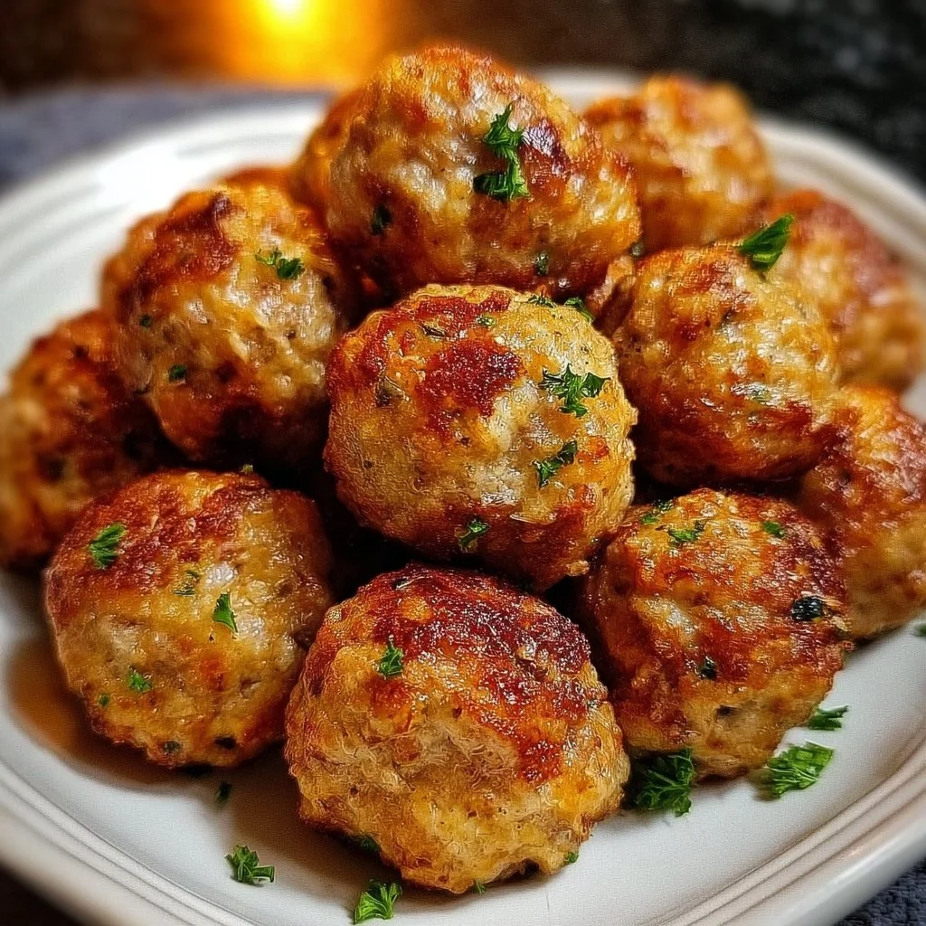 Cheddar Bay Beef Sausage Balls served on a platter with dipping sauce