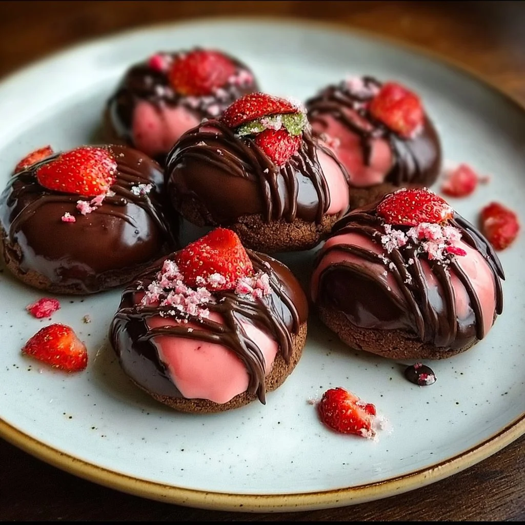 Delicious chocolate covered strawberry cookies on a plate, perfect for dessert.