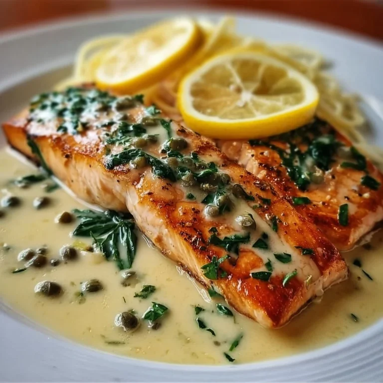 Delicious creamy lemon garlic salmon piccata served with fresh herbs.