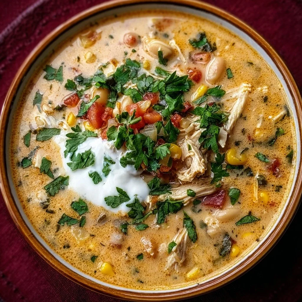 Bowl of creamy Southwestern white chicken chili topped with cilantro