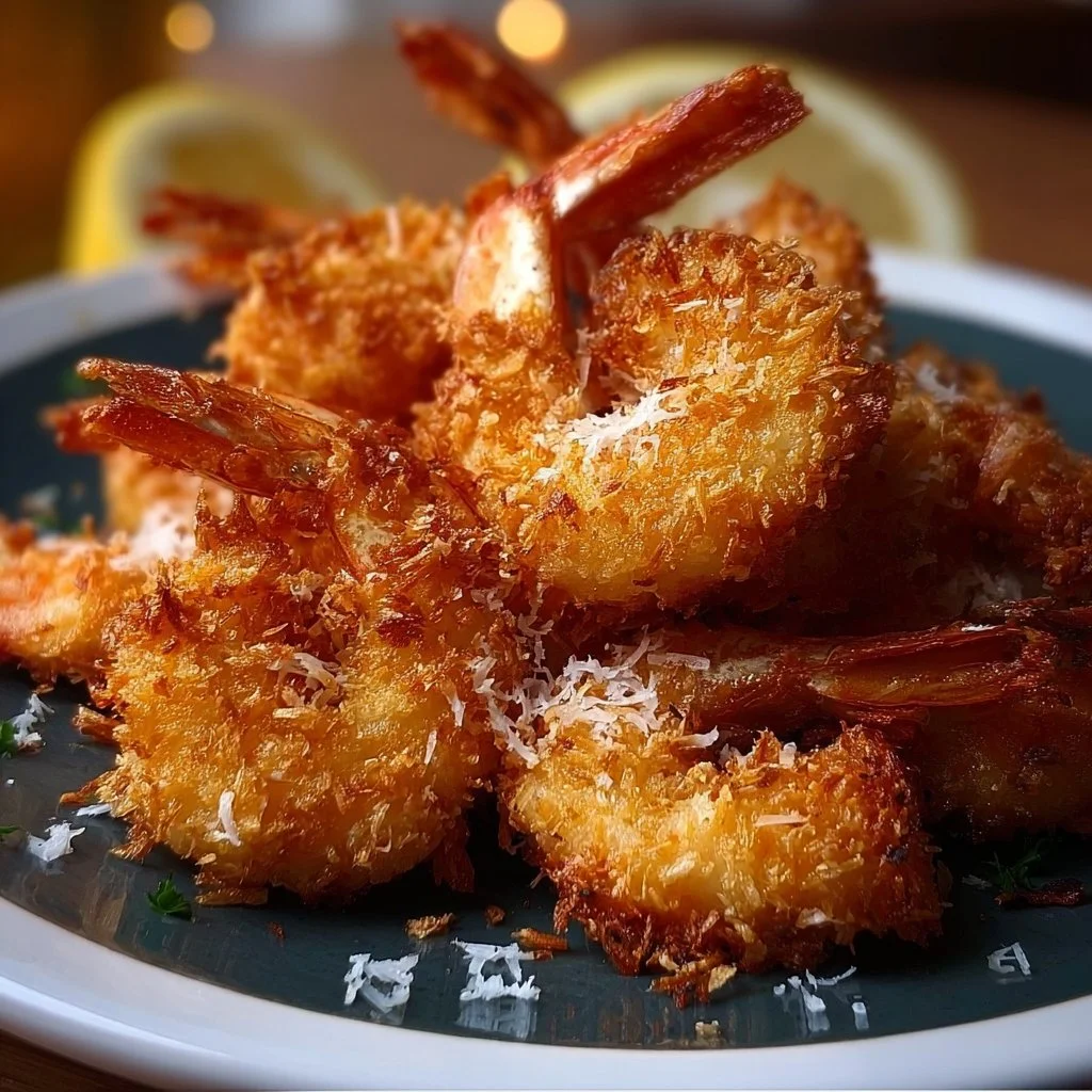 Plate of crispy coconut shrimp served with dipping sauce
