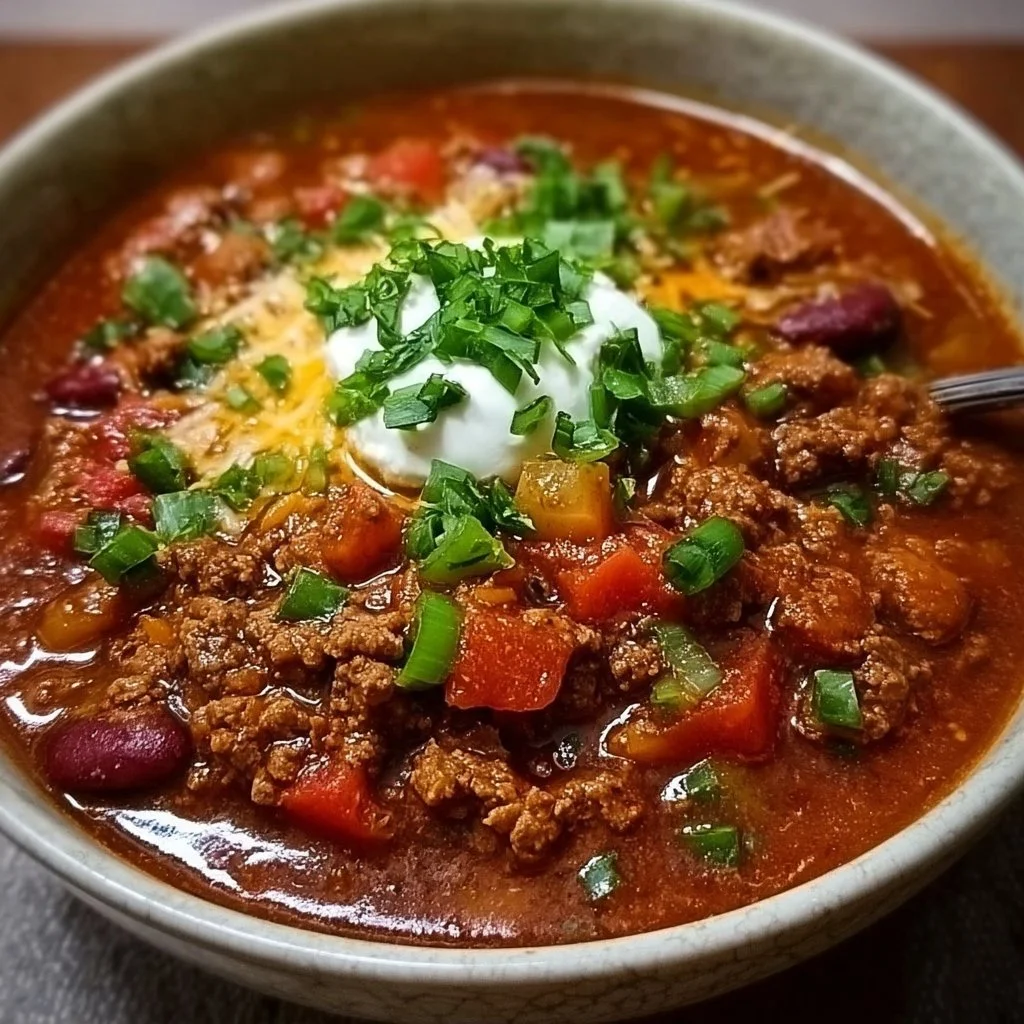 Bowl of easy ground beef and chorizo chili topped with cheese and cilantro
