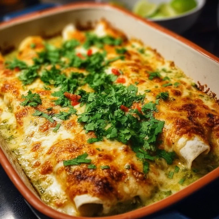 Delicious green enchiladas with chicken topped with fresh cilantro and salsa verde.