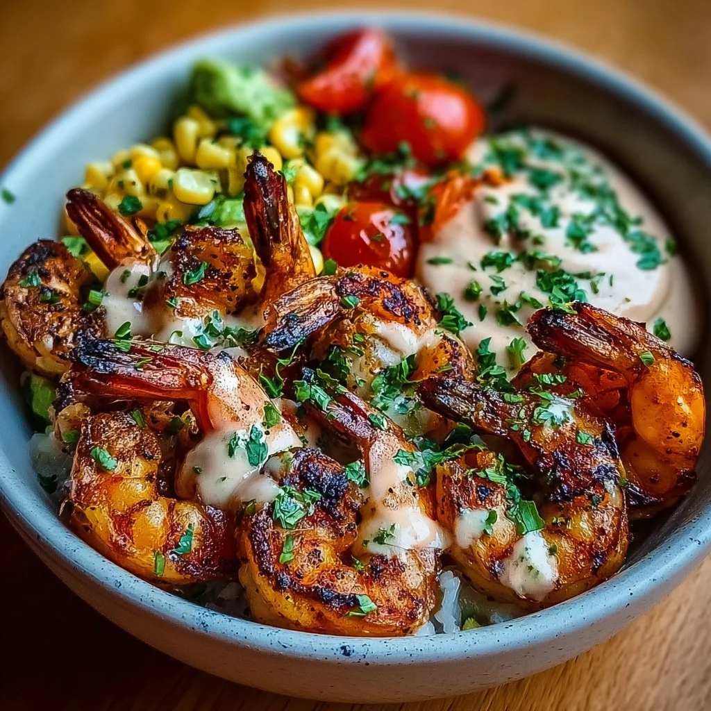 Delicious grilled shrimp bowl with fresh vegetables and seasonings