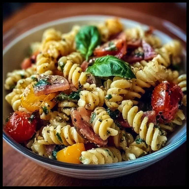 High protein Italian pasta salad topped with fresh vegetables and dressing
