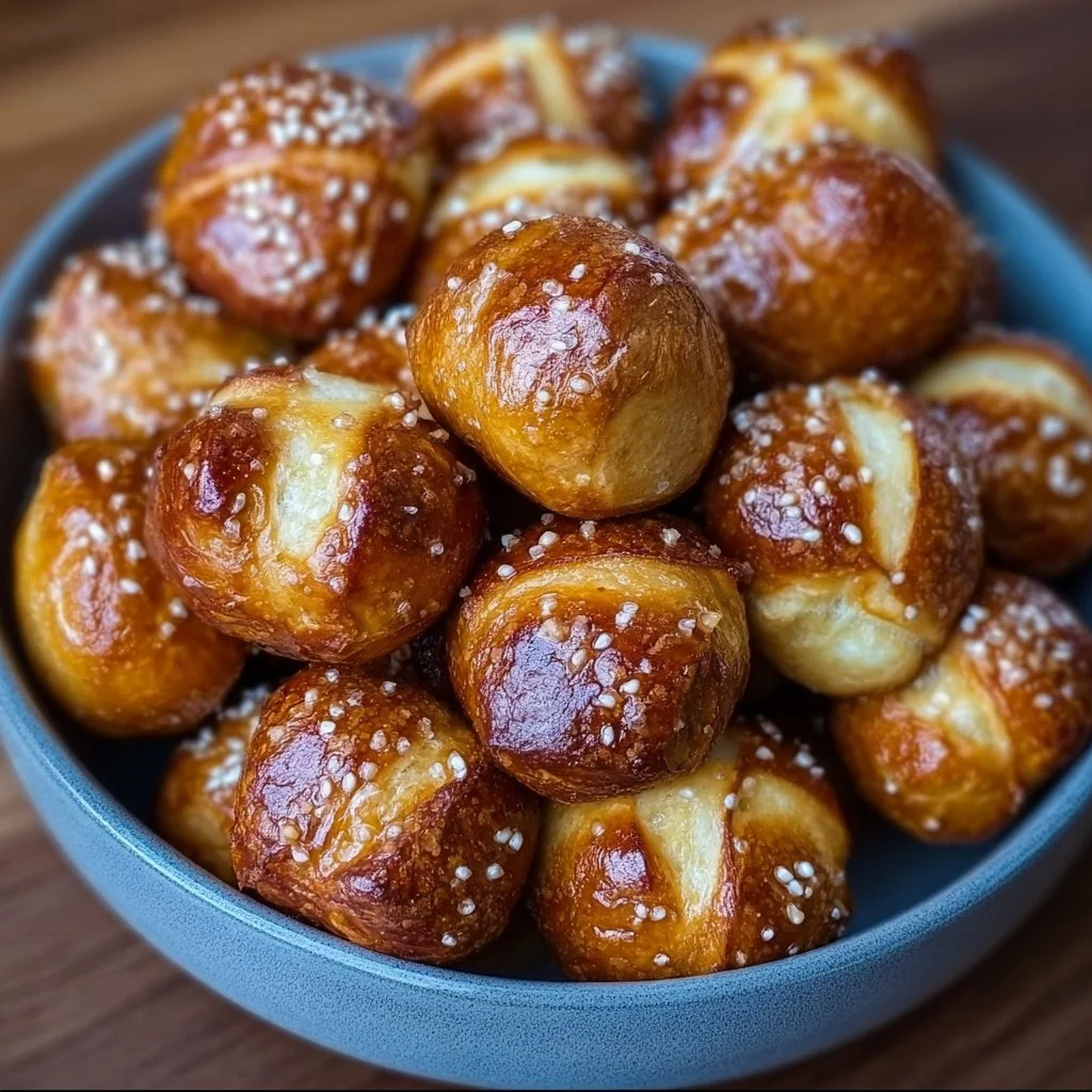 Bowl of homemade soft pretzel bites served with dipping sauce