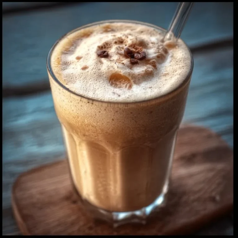 Iced coffee protein shake in a glass with whipped cream and coffee beans