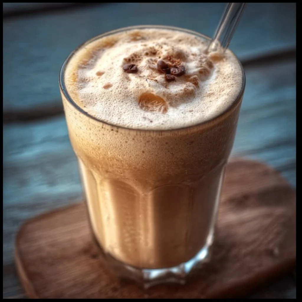 Iced coffee protein shake in a glass with whipped cream and coffee beans