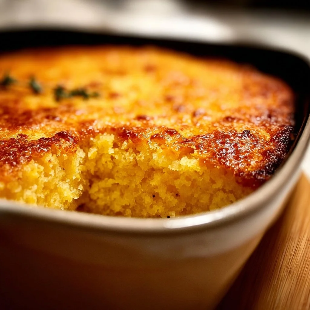 Plate of Jiffy cornbread casserole topped with cheese and herbs