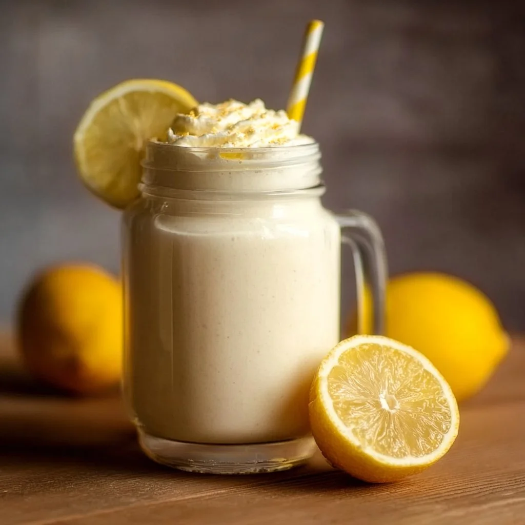Lemon Cream Pie Vegan Protein Shake in a glass with lemon slices and mint leaves