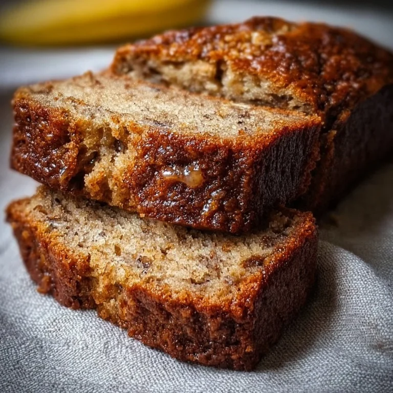 Freshly baked moist banana bread loaf with sliced bananas on top