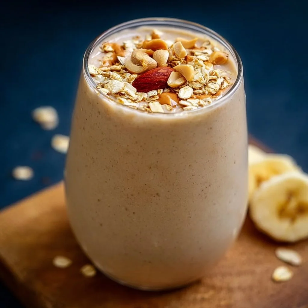 Delicious Peanut Butter Oatmeal Smoothie in a glass with oats and peanut butter.