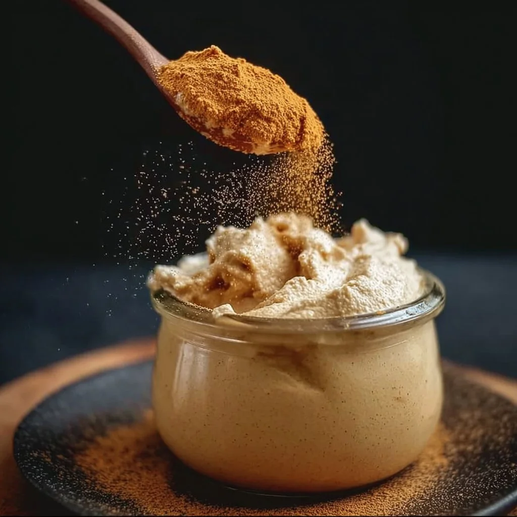Peanut butter powder mixed with Greek yogurt in a bowl for a healthy snack
