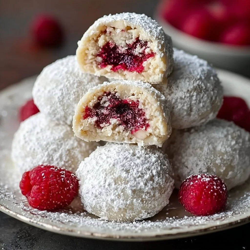 Raspberry Filled Almond Snowball Cookies on a white plate