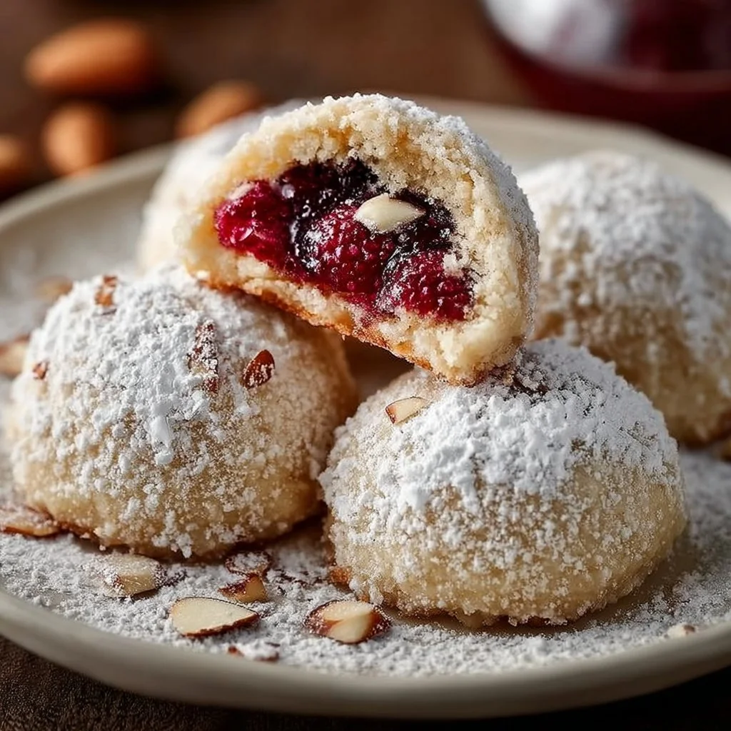 Raspberry Filled Almond Snowball Cookies