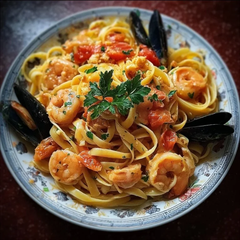 Delicious seafood pasta with shrimp, mussels, and herbs served in a bowl