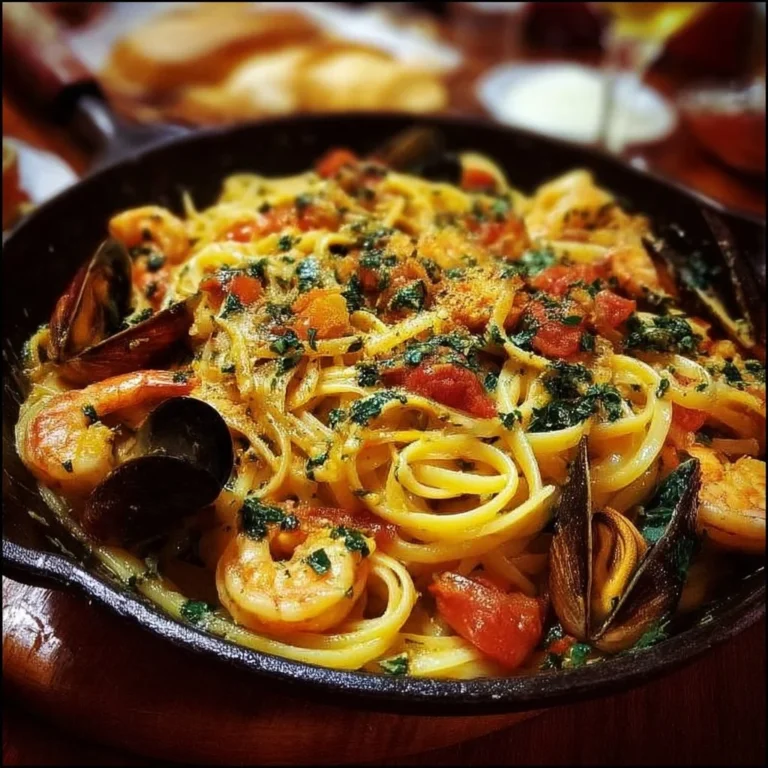 Delicious seafood pasta garnished with herbs and served in a bowl