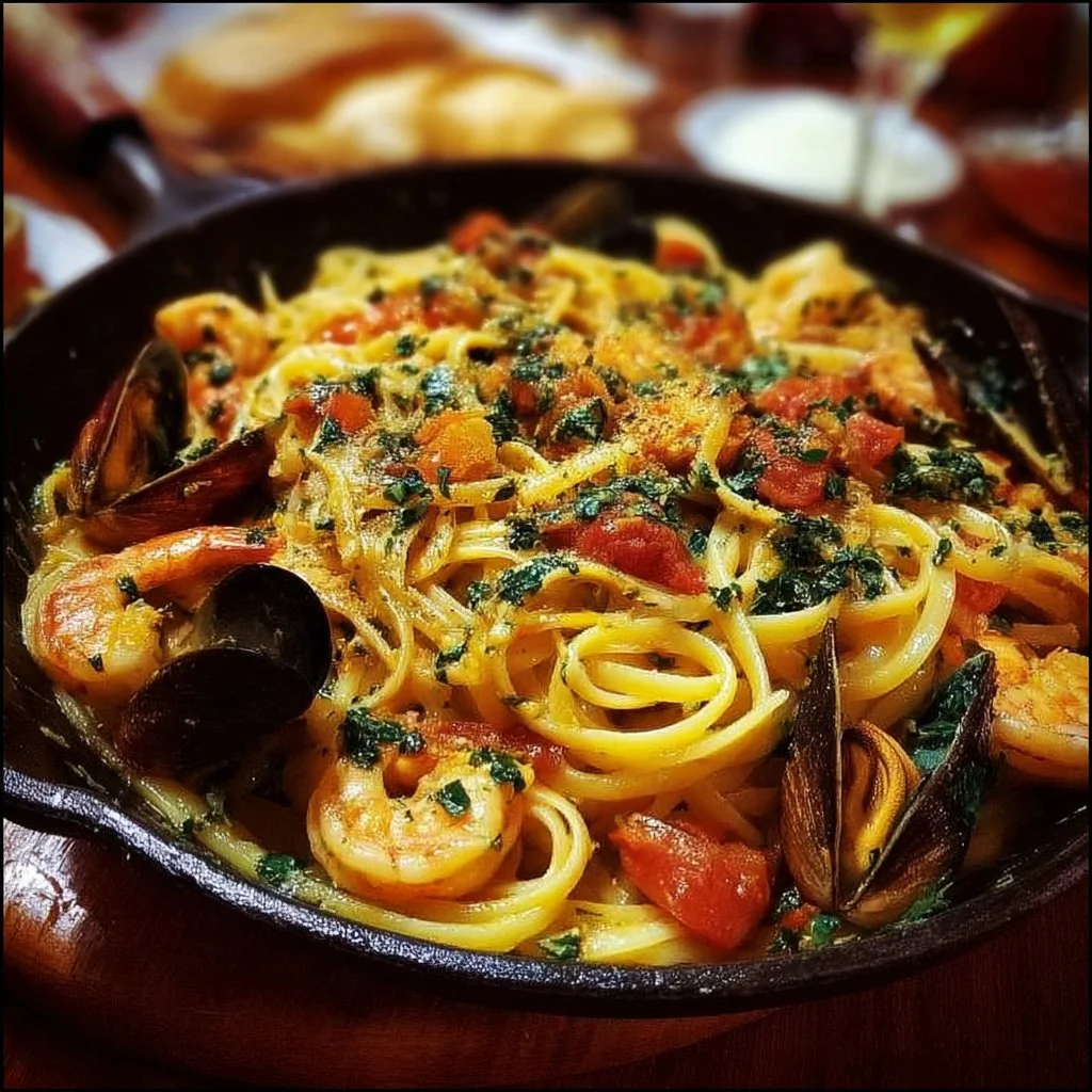 Delicious seafood pasta garnished with herbs and served in a bowl