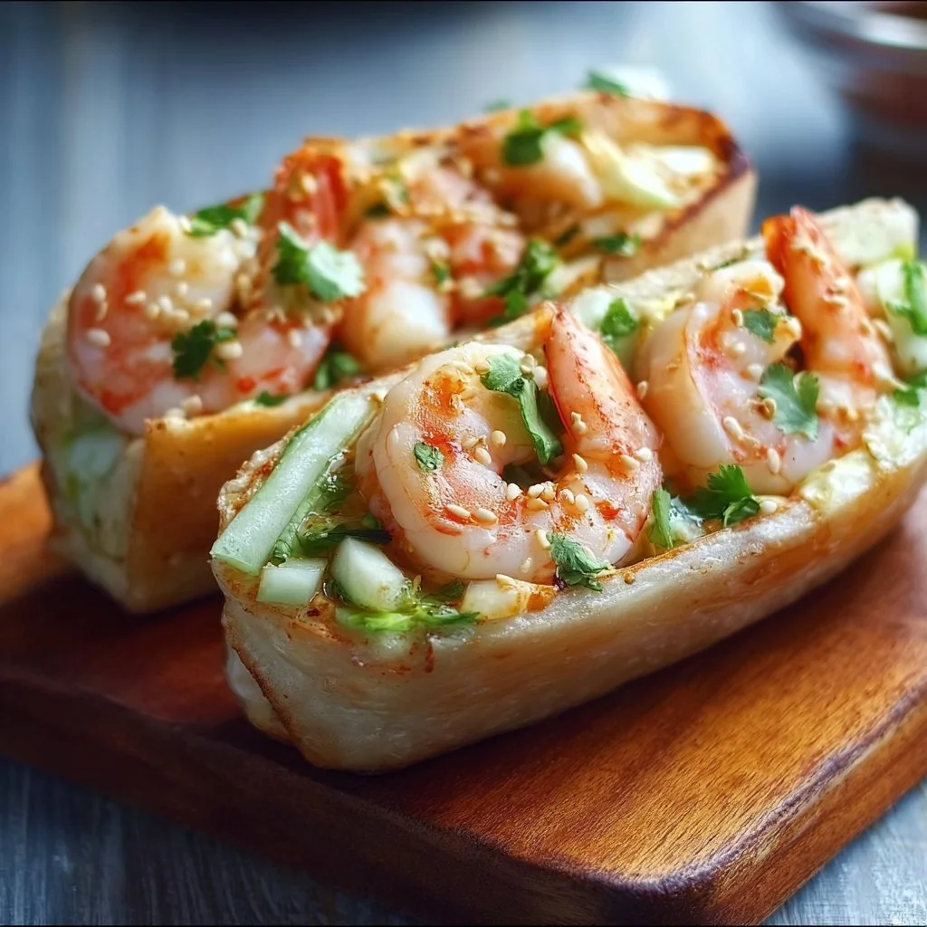 Delicious shrimp roll garnished with fresh herbs and served in a toasted bun
