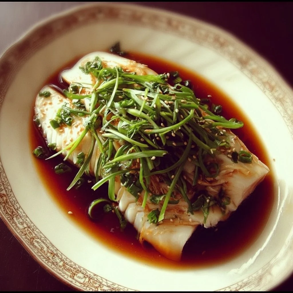 Steamed fish with ginger and soy sauce served in a bowl.
