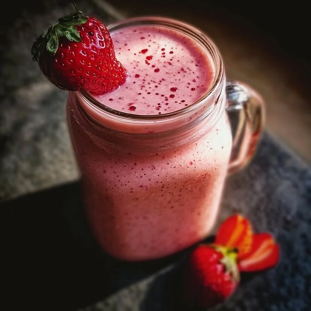 Delicious Strawberry Date Smoothie served in a glass with fresh strawberries.