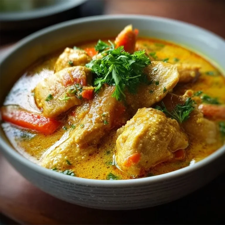Bowl of Vietnamese Chicken Curry with Coconut Milk garnished with herbs