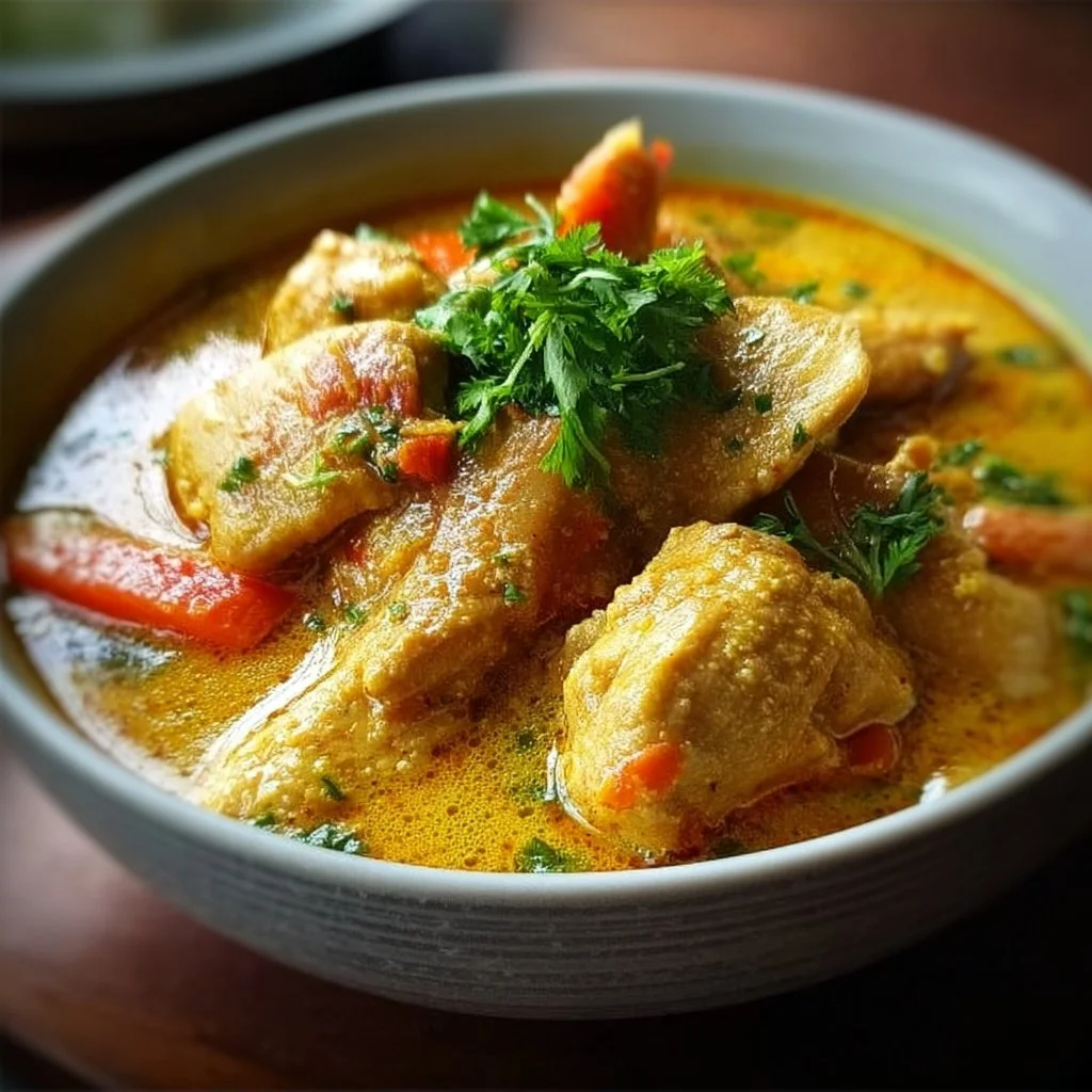Bowl of Vietnamese Chicken Curry with Coconut Milk garnished with herbs