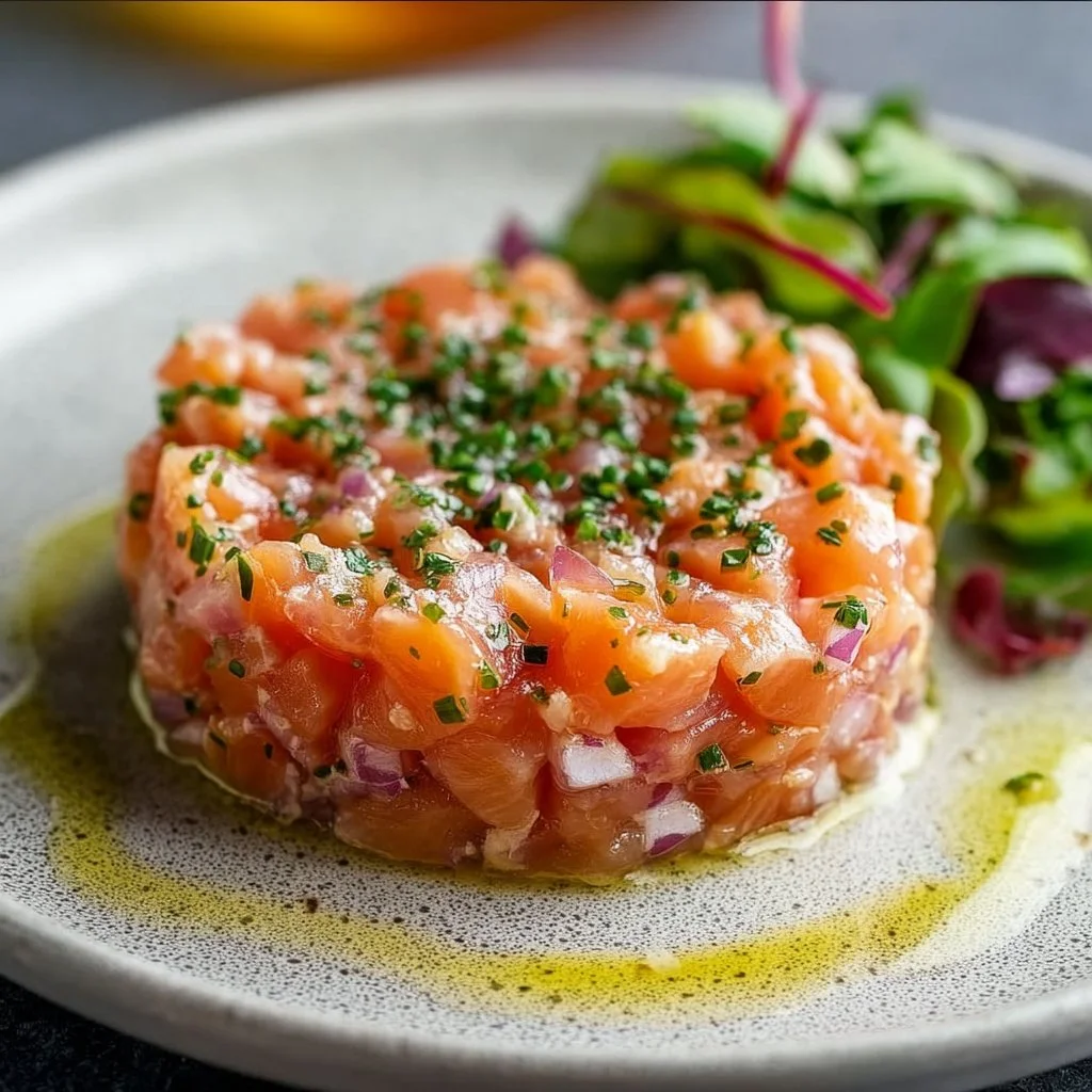 Fresh salmon tartare served in a stylish bowl with herbs and seasonings