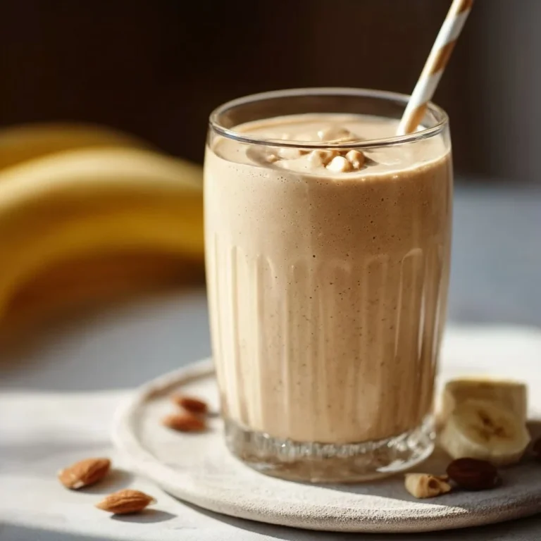 3-Ingredient Peanut Butter Banana Smoothie in a glass with bananas and peanut butter