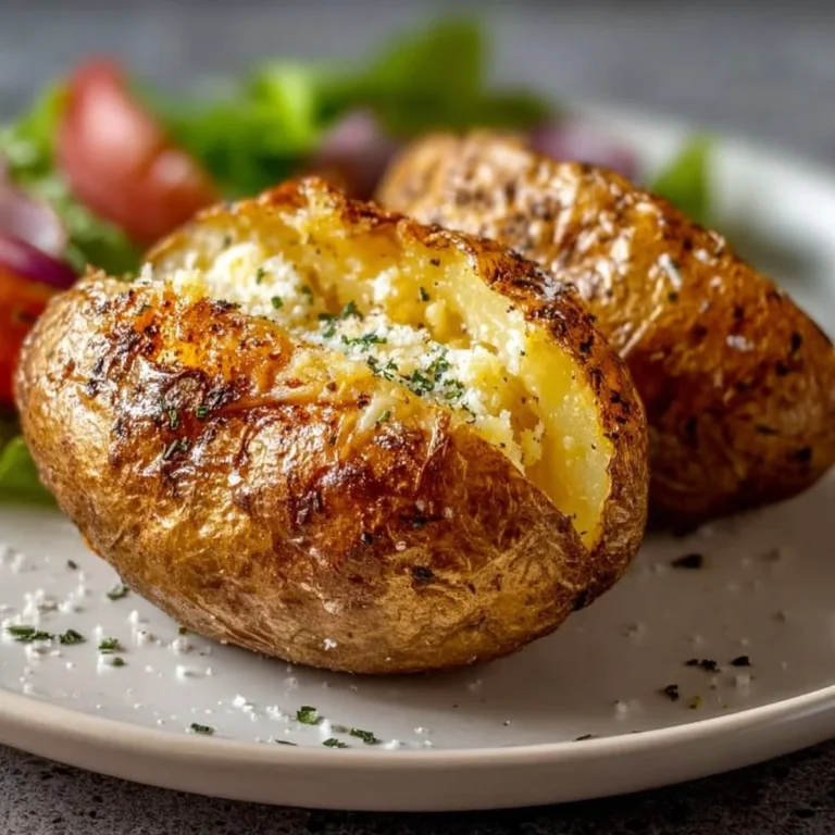 Air fryer baked potato, crispy outside and fluffy inside, served on a plate.