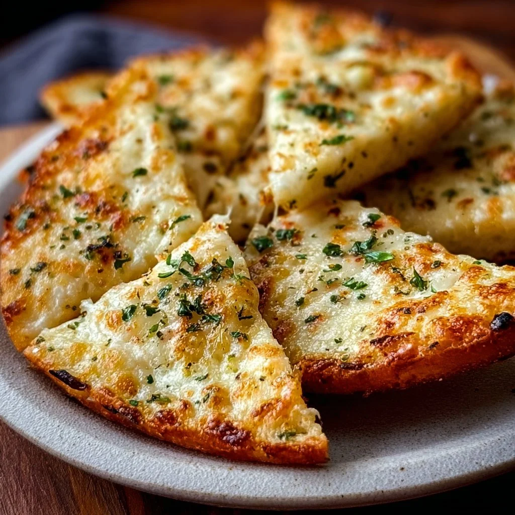 Air fryer cheesy tortilla garlic bread topped with melted cheese and garlic