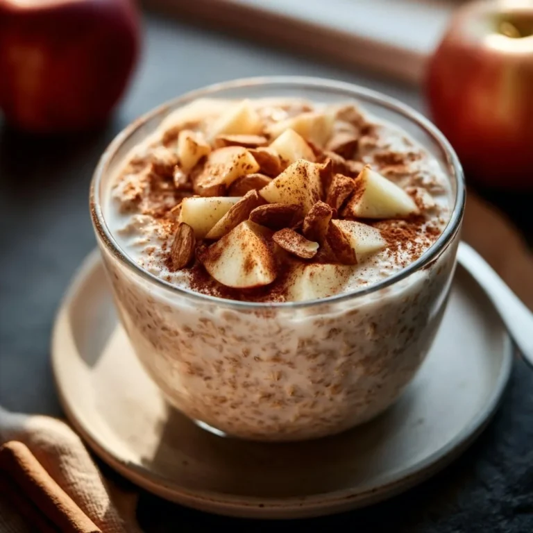 Delicious apple cinnamon protein overnight oats in a bowl topped with apple slices