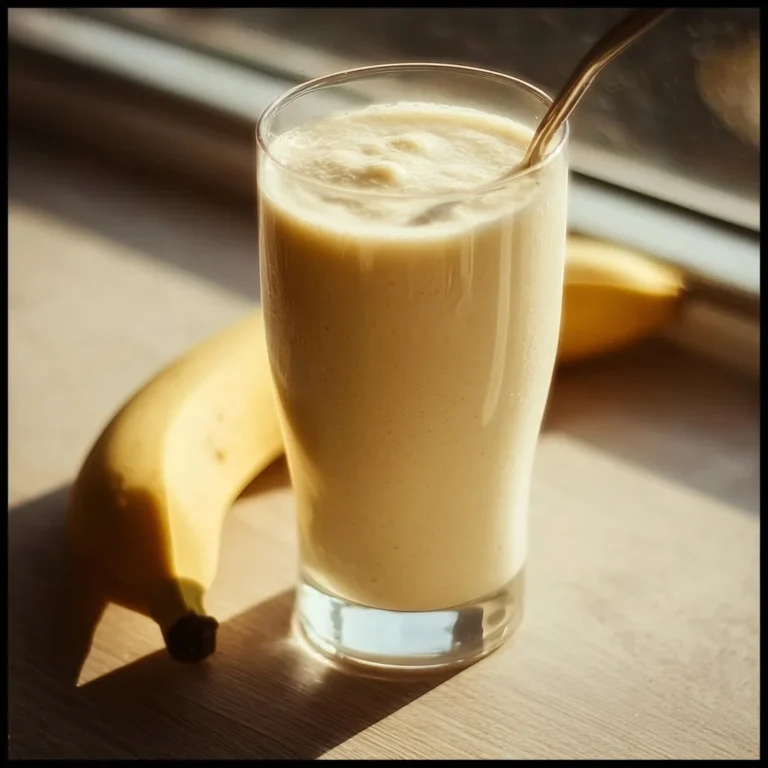 A refreshing banana smoothie in a glass, garnished with banana slices and mint leaves.