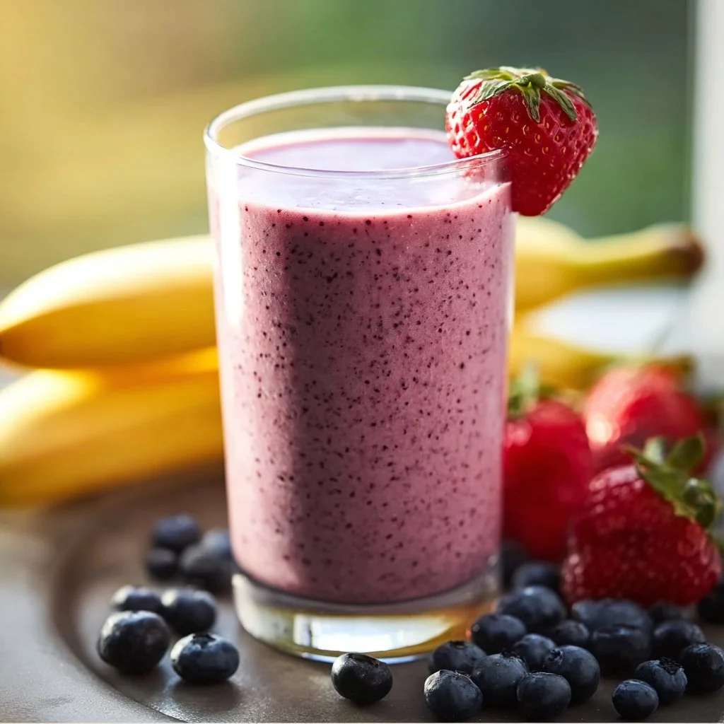 Delicious Banana Strawberry Blueberry Smoothie in a clear glass with fresh fruits