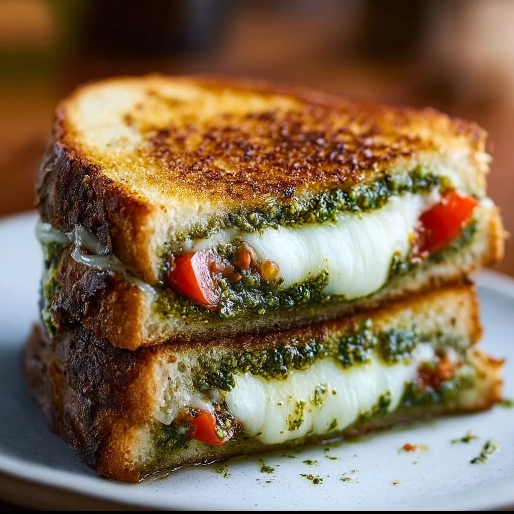 Delicious pesto grilled cheese sandwich melting with cheese and fresh pesto.