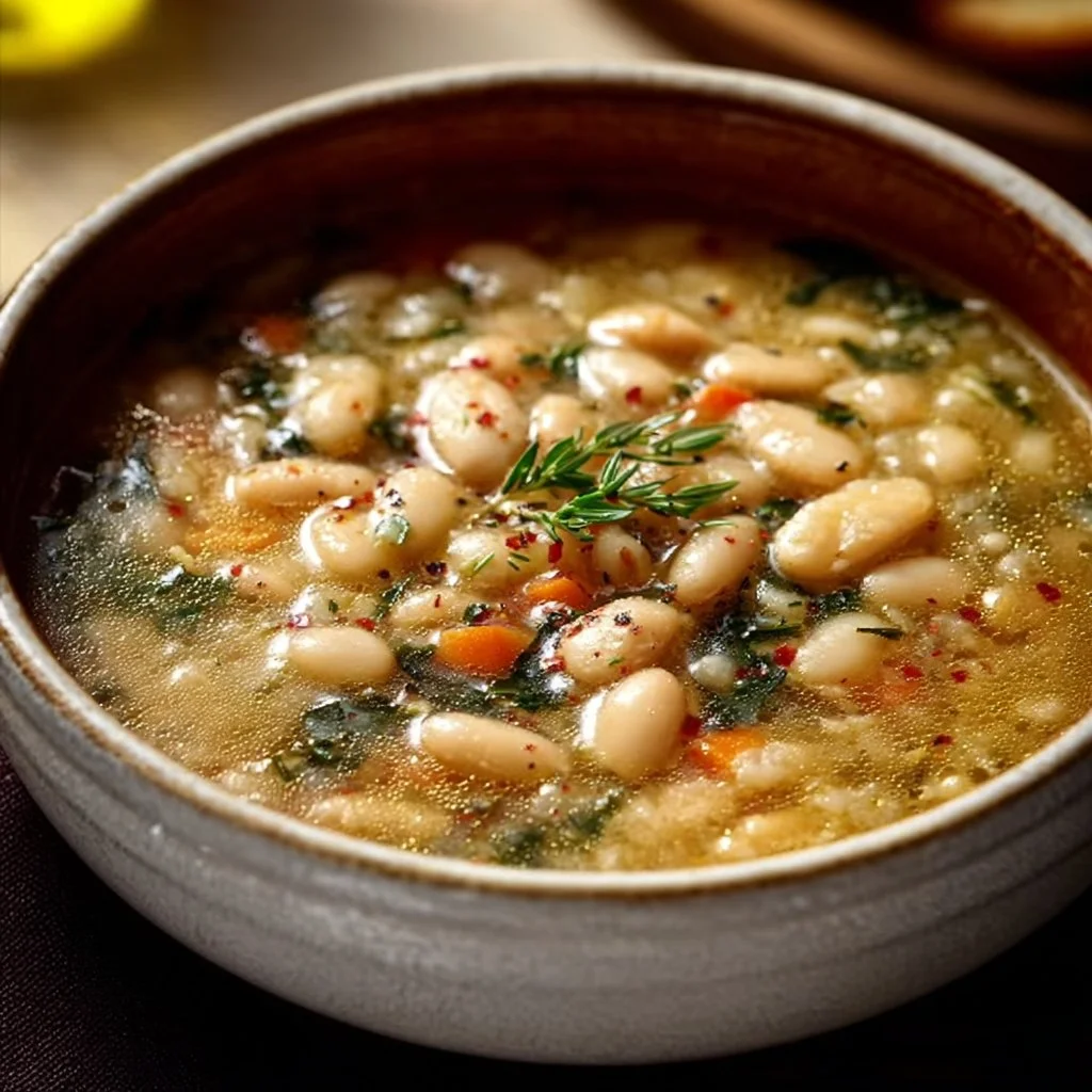 Bowl of delicious Tuscan White Bean Soup topped with fresh herbs and bread.