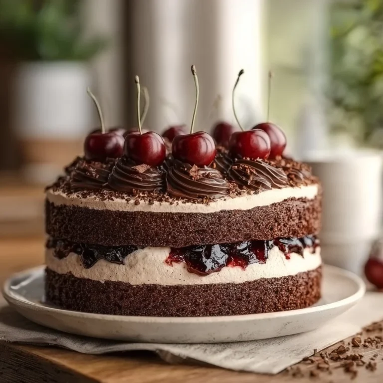 Delicious slice of Black Forest Cake topped with cherries and whipped cream