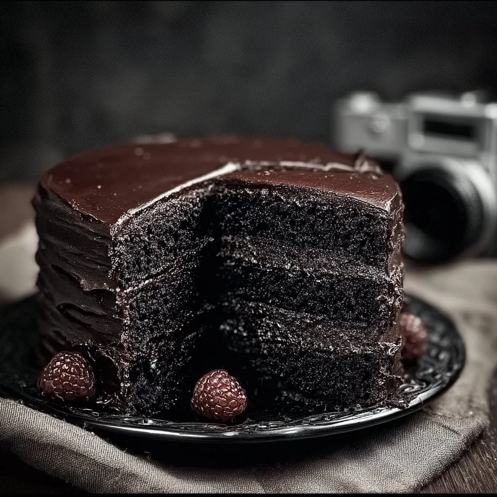A slice of rich Black Velvet Cake with creamy frosting and decorative berries.