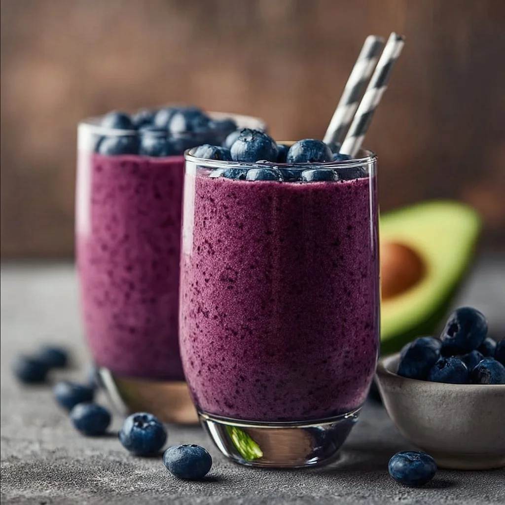 Delicious blueberry avocado smoothie in a glass with fresh ingredients
