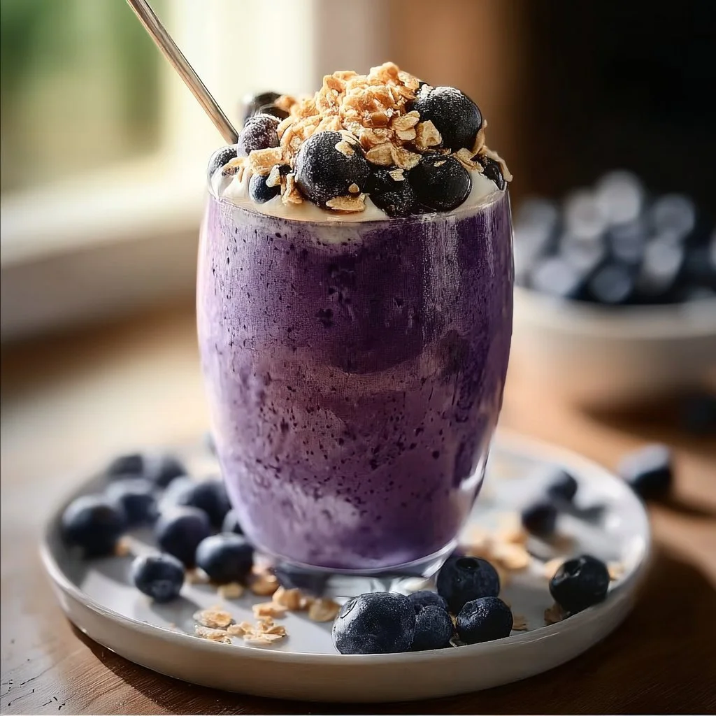 Blueberry cheesecake protein smoothie in a glass with swirls of blueberry sauce