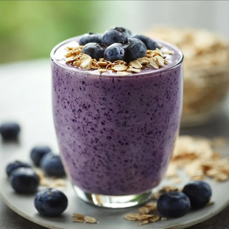 Delicious blueberry oatmeal smoothie in a glass, perfect for a healthy breakfast.