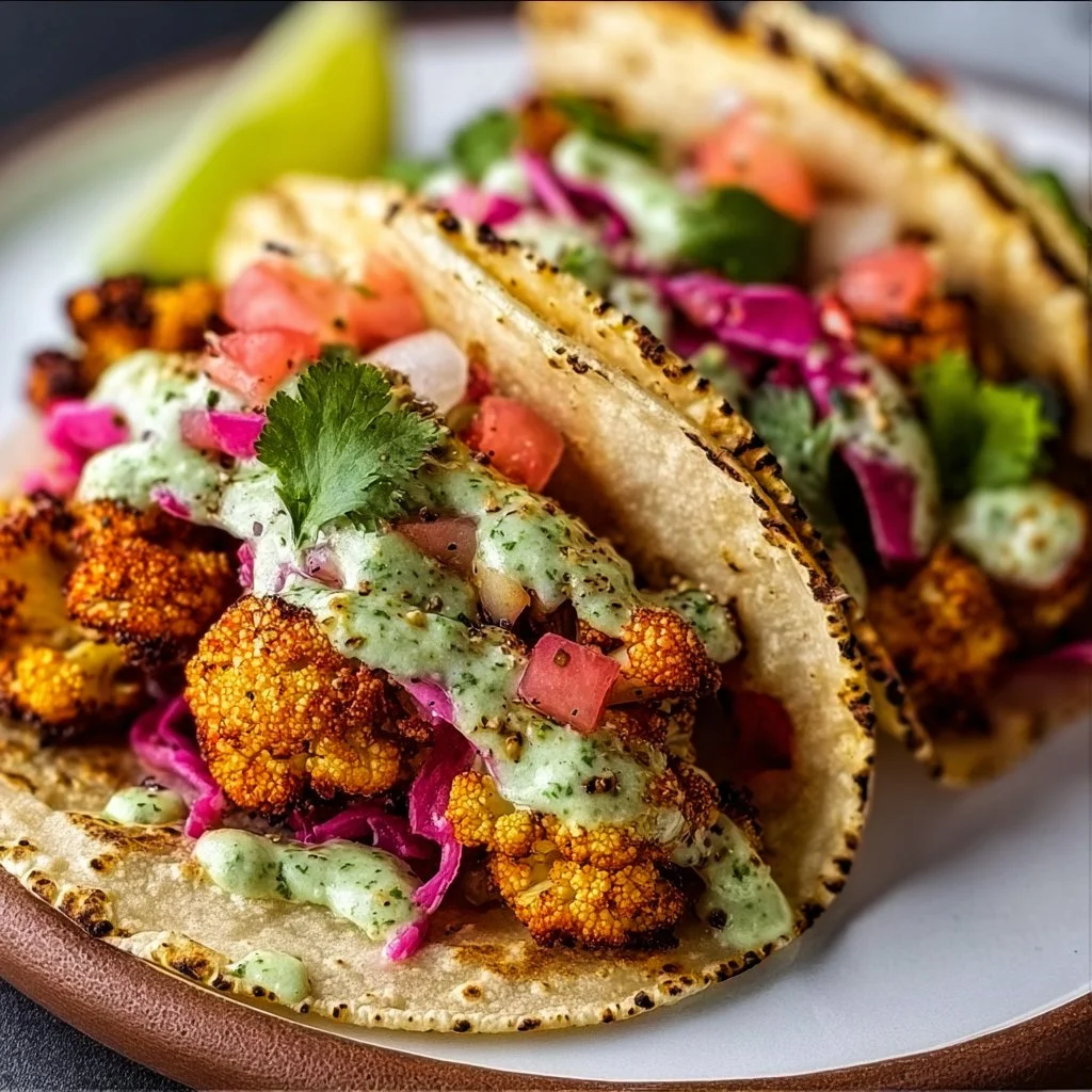 Delicious cauliflower tacos topped with fresh vegetables and salsa