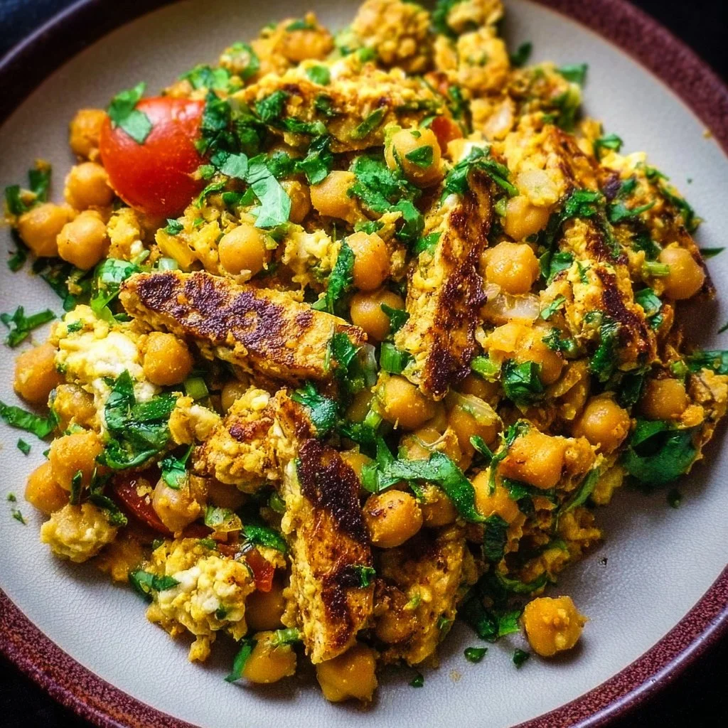 Delicious chickpea scramble served with fresh vegetables and herbs