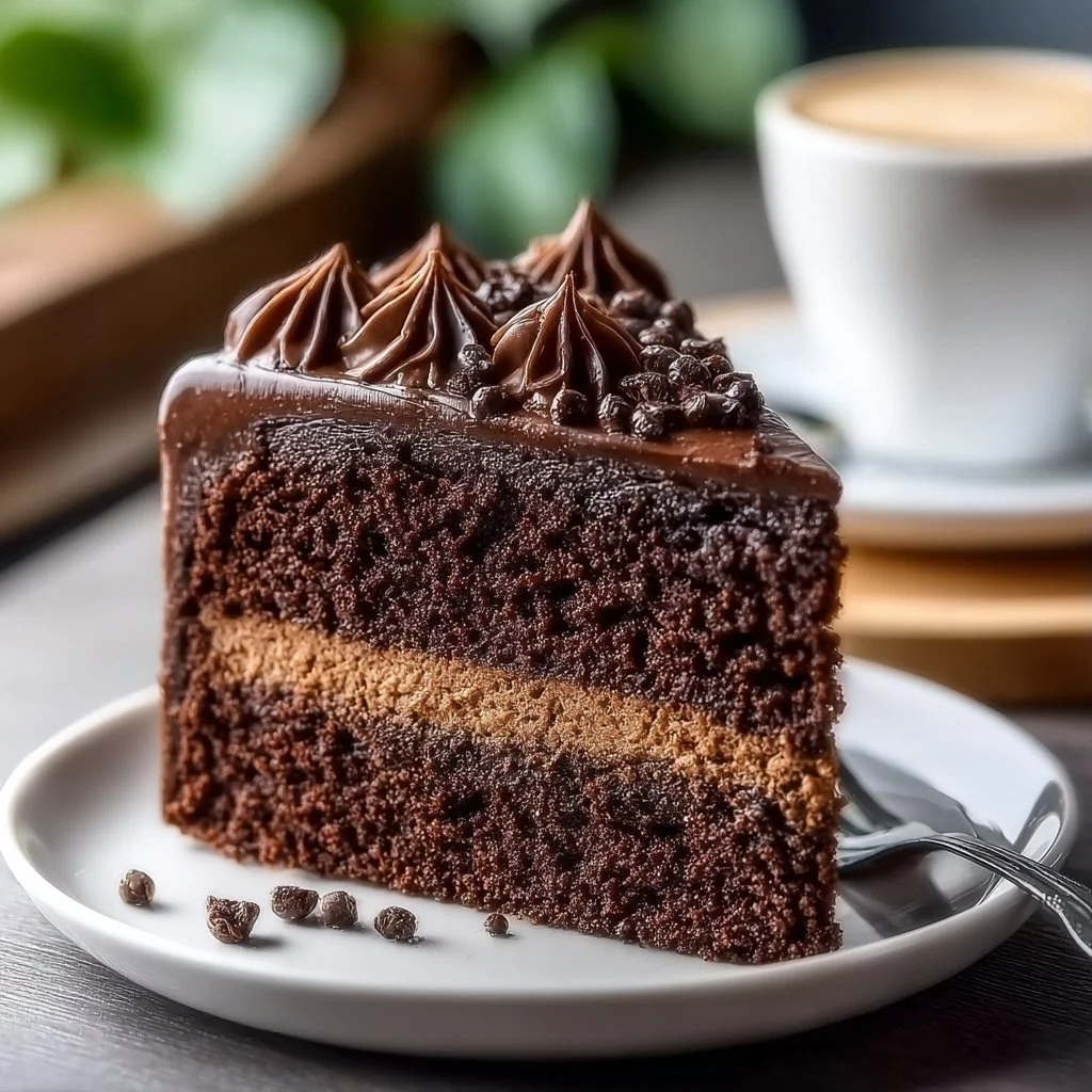Delicious homemade Chocolate Coffee Cake topped with chocolate glaze and coffee beans