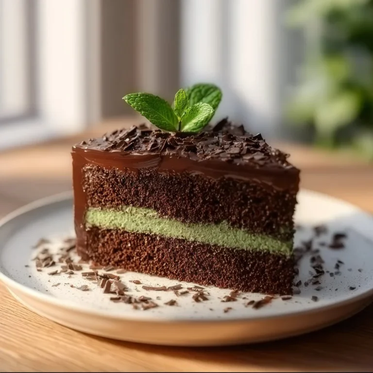 A delicious slice of Chocolate Mint Cake with chocolate frosting and mint leaves.