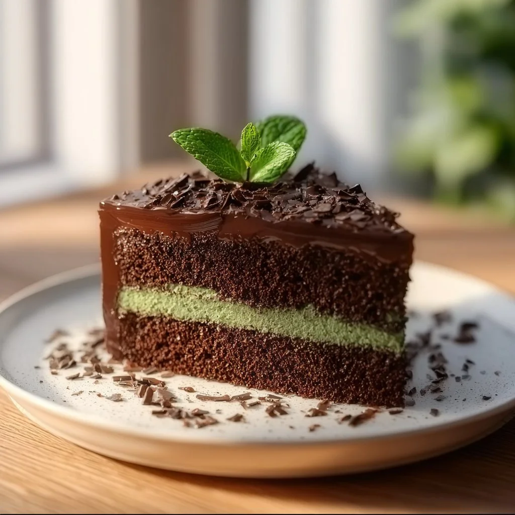 A delicious slice of Chocolate Mint Cake with chocolate frosting and mint leaves.