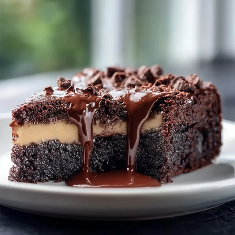 A slice of rich chocolate ooey gooey cake, dripping with chocolate sauce.